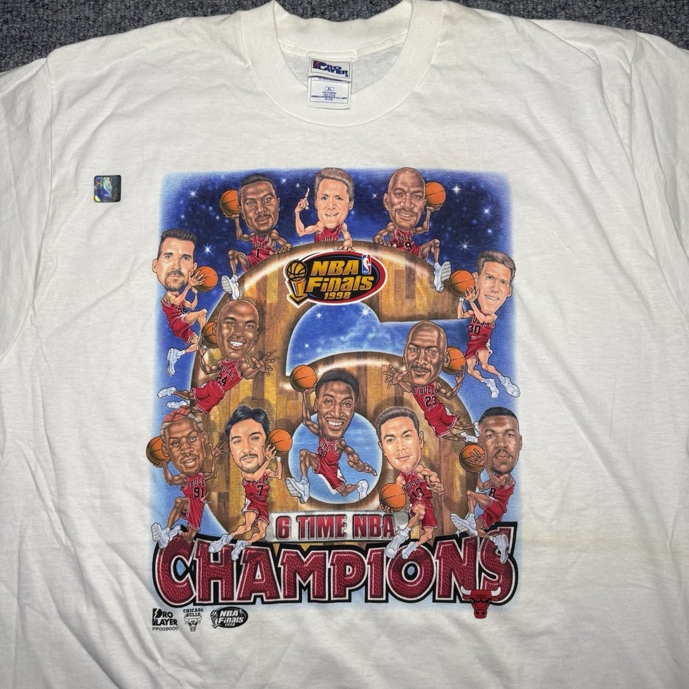 VTG Chicago Bulls Caricature T-Shirt 6 Time Champions Pro Player‎ White Size XL